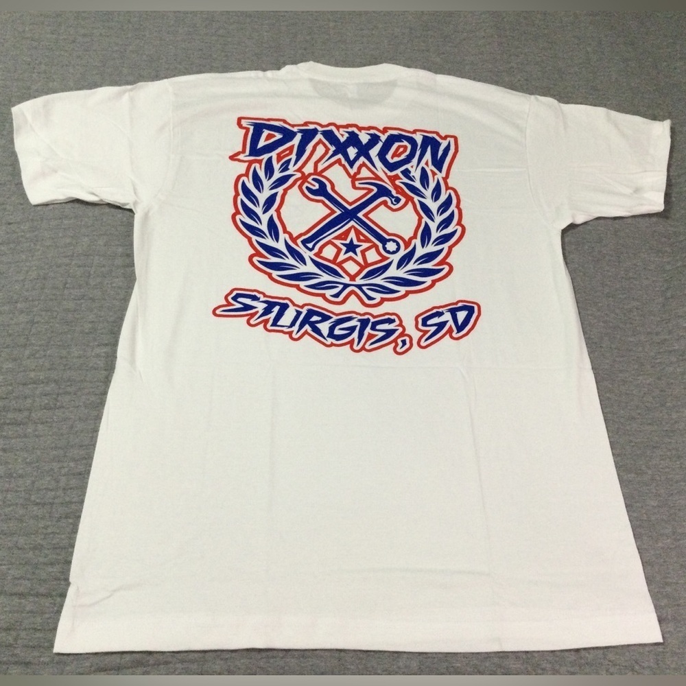 Dixxon White Sturgis USA Sketchy Blue and Red Crest Graphic Men’s T-Shirt Size L